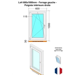 Hexa’Fen Fenêtre PVC - LxH 600x1000 mm -Triple Vitrage - Bicolore blanc int/anthracite ext-poignée à droite