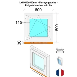 Fenêtre PVC - LxH 600x600 mm -Triple Vitrage - Blanc -poignée à droite-Hexa’Fen Online