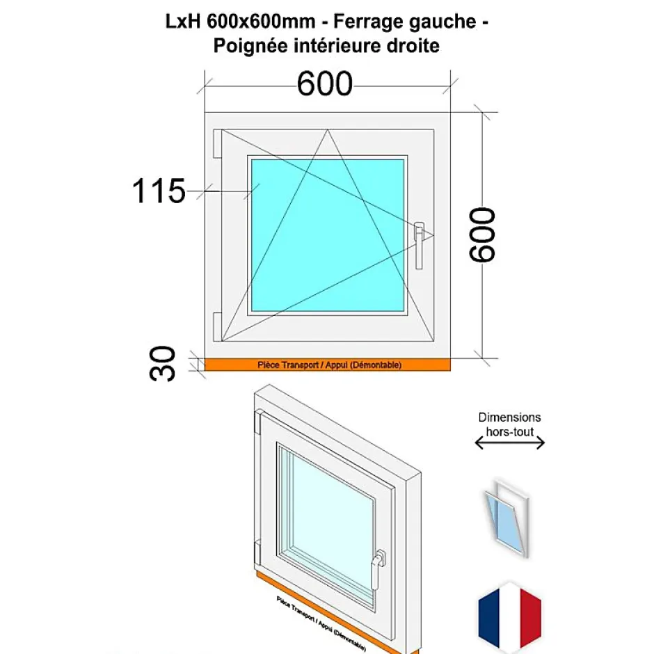 Fenêtre PVC - LxH 600x600 mm -Triple Vitrage - Blanc -poignée à droite-Hexa’Fen Online