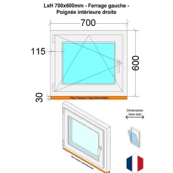 Hexa’Fen Fenêtre PVC - LxH 700x600 mm -Triple Vitrage - Bicolore blanc int/anthracite ext-poignée à droite