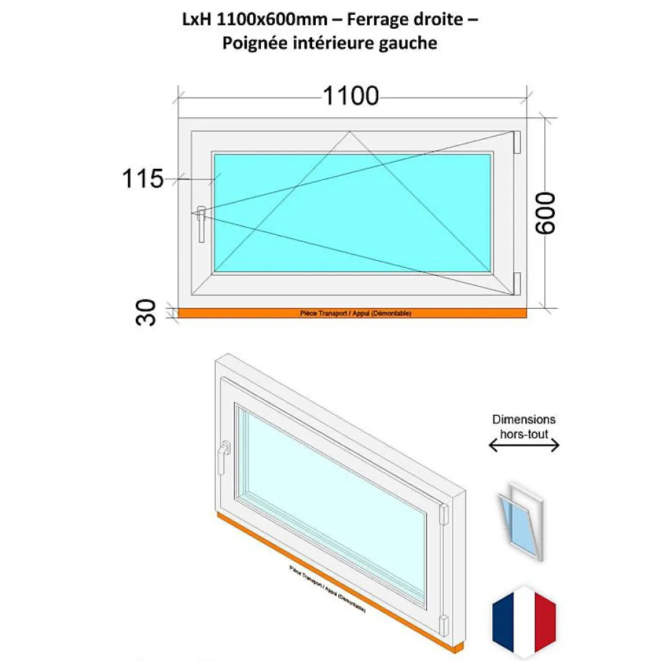 Fenêtre PVC - LxH 1100x600 mm -Triple Vitrage - Blanc -poignée à gauche-Hexa’Fen Sale