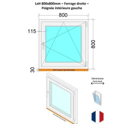 Fenêtre PVC - LxH 800x800 mm -Triple Vitrage - Blanc -poignée à gauche-Hexa’Fen Online
