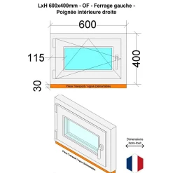 Hexa’Fen Fenêtre PVC - LxH 600x400 mm -Triple Vitrage - Blanc -poignée à droite