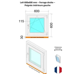 Fenêtre PVC - LxH 600x600 mm -Triple Vitrage - Blanc -poignée à gauche-Hexa’Fen Online