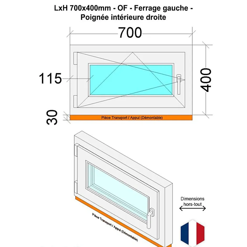 Hexa’Fen Fenêtre PVC - LxH 700x400 mm -Triple Vitrage - Blanc -poignée à droite