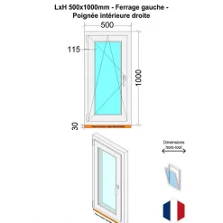 Hexa’Fen Fenêtre PVC - LxH 500x1000 mm -Triple Vitrage - Blanc -poignée à droite