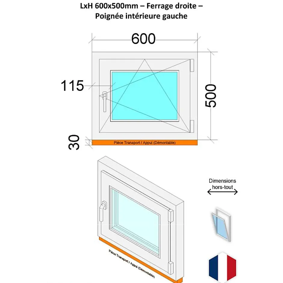Fenêtre PVC - LxH 600x500 mm -Triple Vitrage - Bicolore blanc int/anthracite ext-poignée à gauche-Hexa’Fen