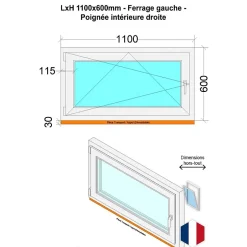 Fenêtre PVC - LxH 1100x600 mm -Triple Vitrage - Blanc -poignée à droite-Hexa’Fen Clearance