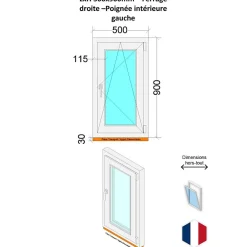 Hexa’Fen Fenêtre PVC - LxH 500x900 mm -Triple Vitrage - Blanc -poignée à gauche