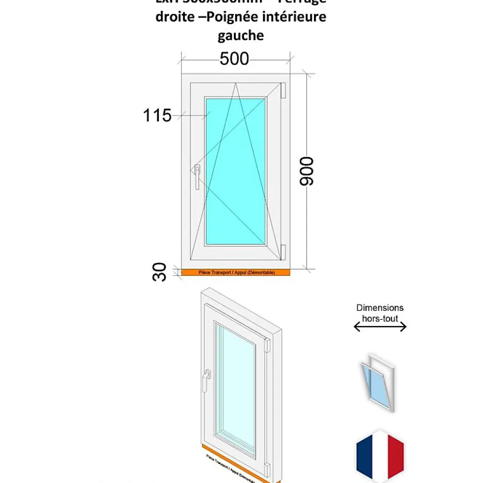 Hexa’Fen Fenêtre PVC - LxH 500x900 mm -Triple Vitrage - Blanc -poignée à gauche