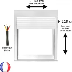 Gefradis Fenêtre PVC 1 vantail avec volet roulant électrique H 125 x L 80 cm pour pose en neuf - tirant droit