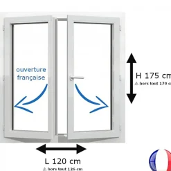 Gefradis Fenêtre PVC 2 vantaux H 175 x L 120 cm OF pour pose en neuf avec poignée