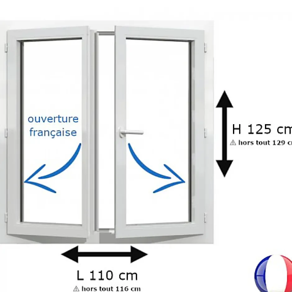 Gefradis Fenêtre PVC 2 vantaux H 125 x L 110 cm OF pour pose en neuf avec poignée