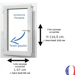Fenêtre PVC blanc 1 vantail hors tout H 106 x L 66 cm ouverture française pour pose rénovation - tirant gauche-Gefradis