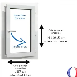 Gefradis Fenêtre PVC blanc 1 vantail hors tout H 106 x L 86 cm ouverture française pour pose rénovation - tirant droit