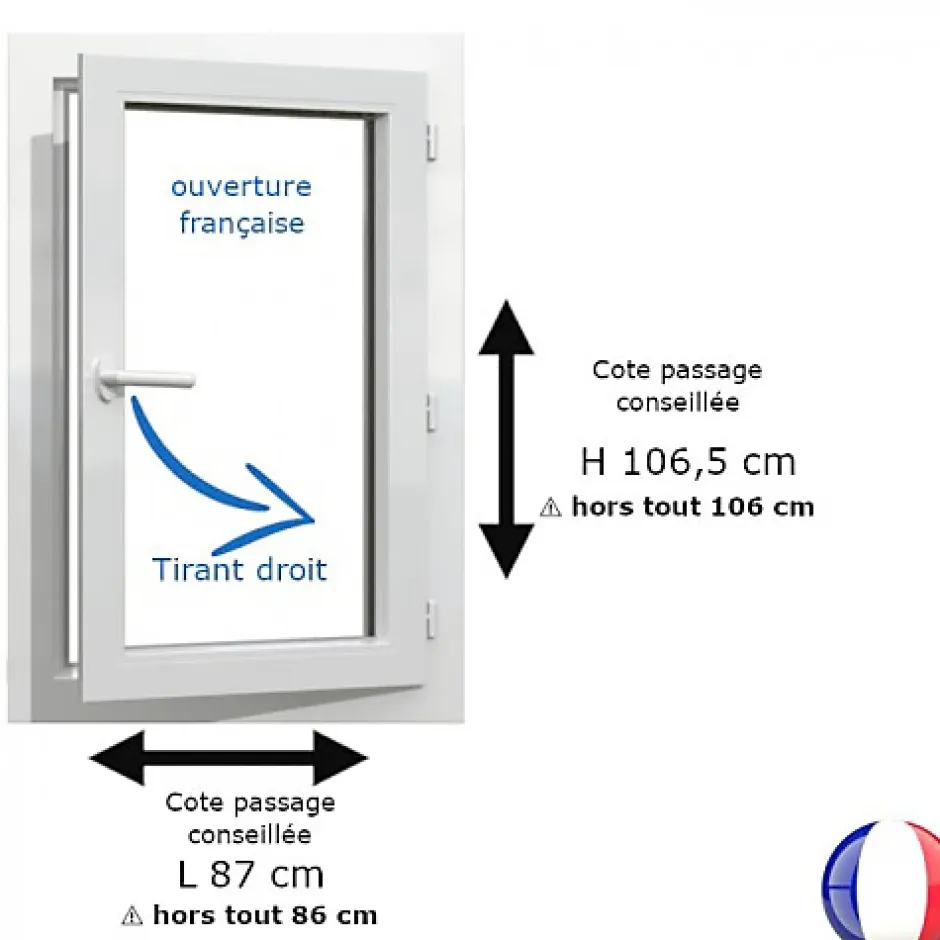 Gefradis Fenêtre PVC blanc 1 vantail hors tout H 106 x L 86 cm ouverture française pour pose rénovation - tirant droit