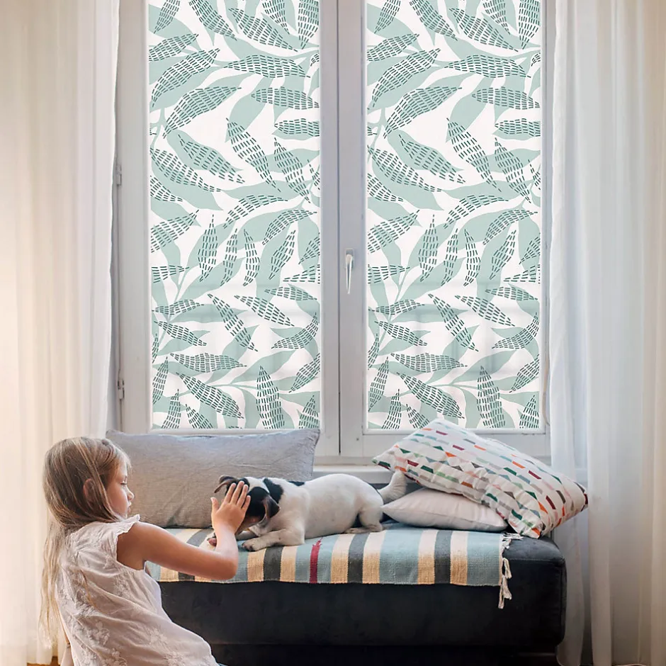 Wallfluent Film dépoli blanc adhésif 100x146 cm de protection d'intimité Feuilles Vertes 1 rol.