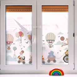 Ambiance Sticker Film Fenêtre Anti Regard Occultant - ANIMAUX ET MONTGOLFIÈRE DANS LES NUAGES - Stickers pour Vitres & Porte de Douche - 40x100cm