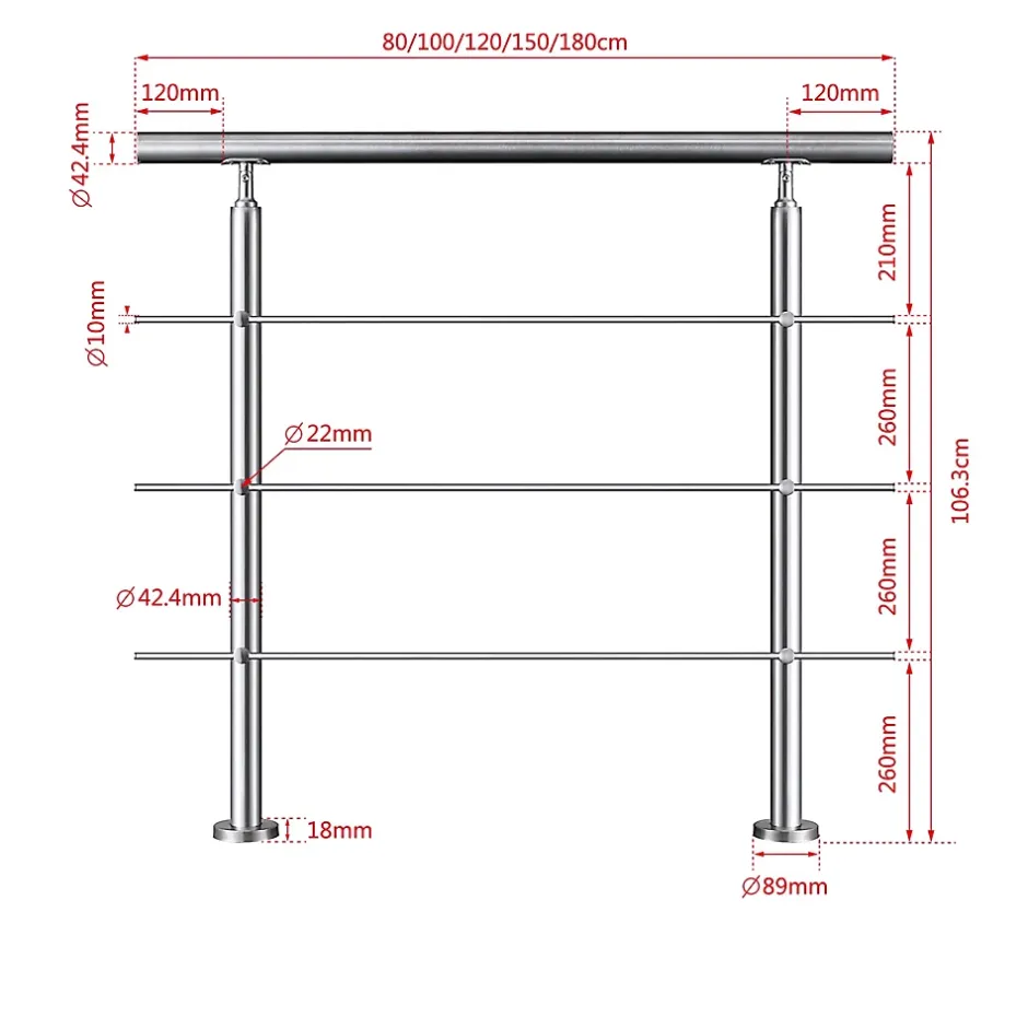 Garde corps en inox 304 a 3 traverses Longueur 200 cm Fixation a plat pour terrasse ou escalier-Saniland Discount