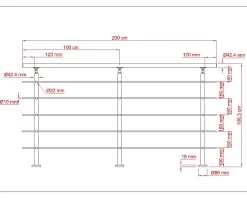 AICA Sanitaire Garde-corps avec main courante, 200cm, en acier inoxydable 304, garde-corps avec 5 traverses, pour intérieur et extérieur