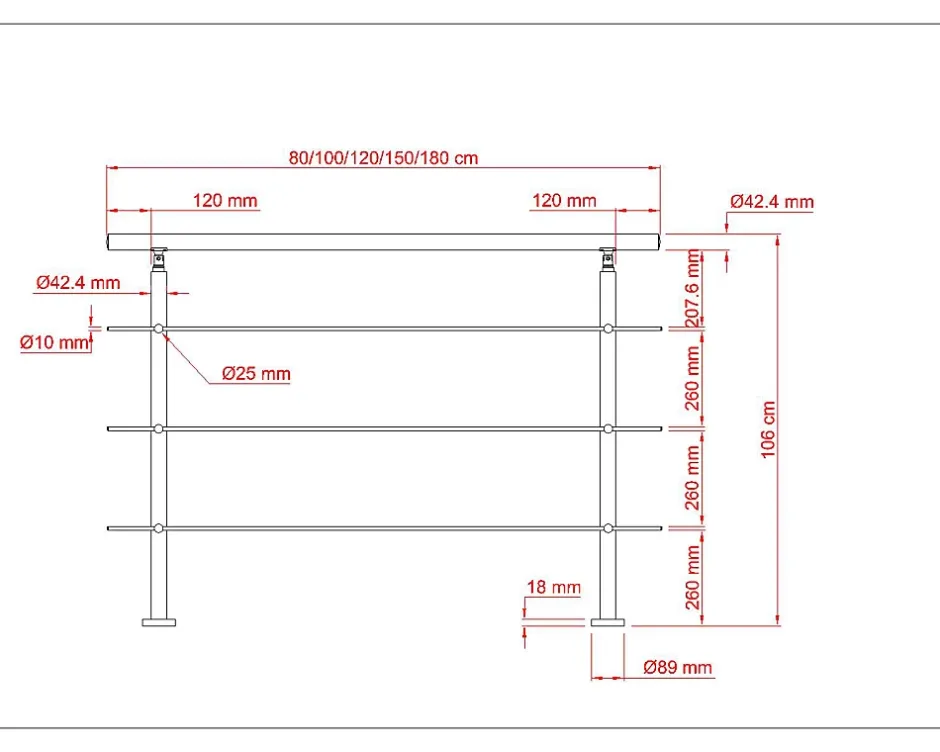 Garde-corps 80cm avec main courante, en acier inoxydable 201, pour intérieur et extérieur, garde-corps avec 3 traverses-AICA Sanitaire Clearance