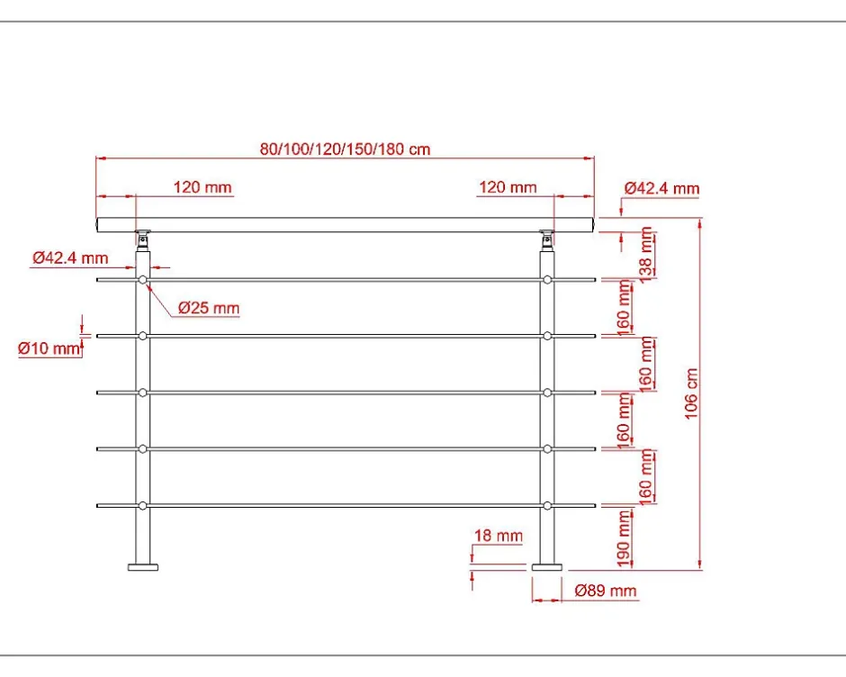 Garde-corps 80cm avec main courante, en acier inoxydable 201, pour intérieur et extérieur, garde-corps avec 5 traverses-AICA Sanitaire New