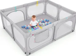 Giantex Grand Parc Bébé Centre Activités Base Antidérapante Paroi en Maille Respirante Portes Zippées 50 Balles Océaniques Gris