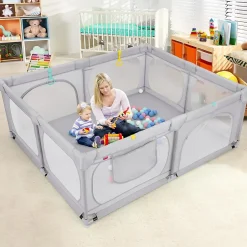 Giantex Grand Parc Bébé Centre Activités Base Antidérapante Paroi en Maille Respirante Portes Zippées 50 Balles Océaniques Gris
