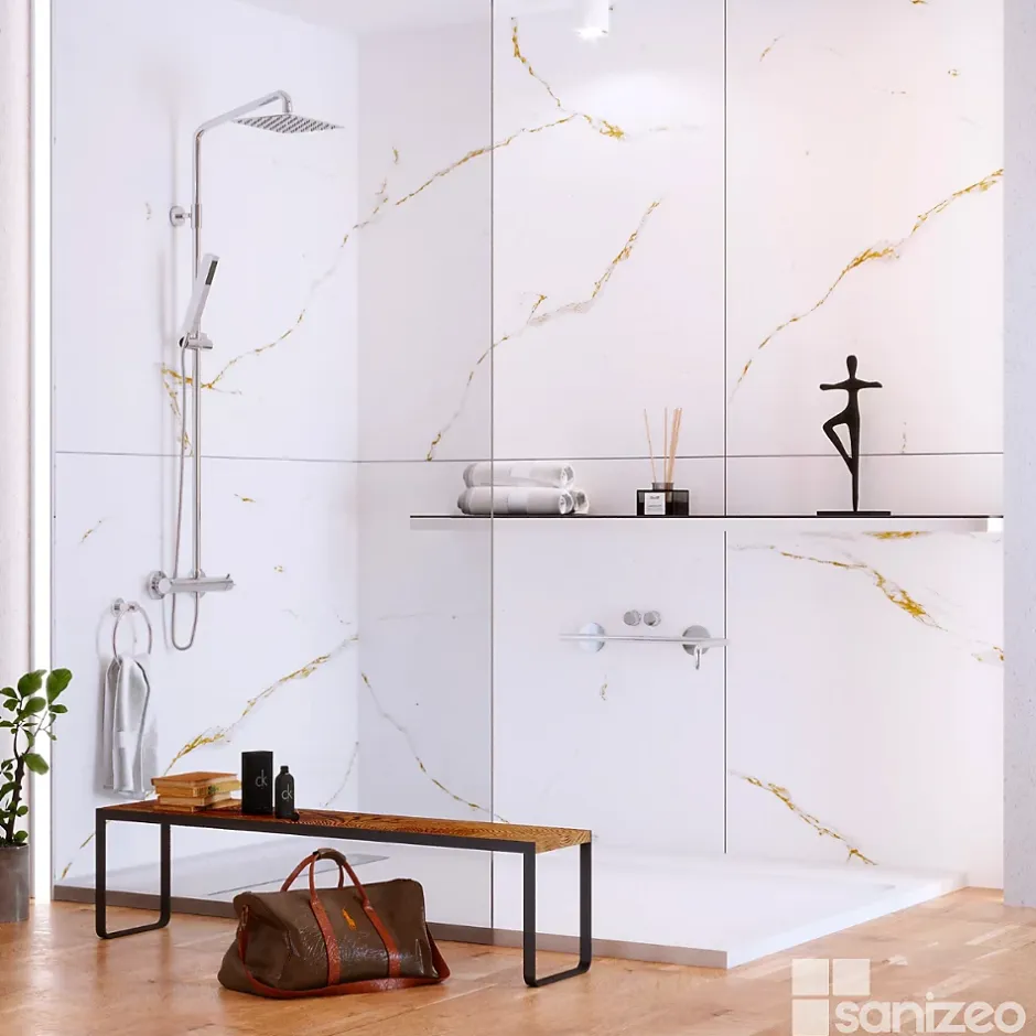 Kit de 2 Panneaux d'Habillage Décoratif Mural Douche, L120xl120x0.4 cm, finition doré, Calacatta GOLD KOBERTIN-Kobert-in New