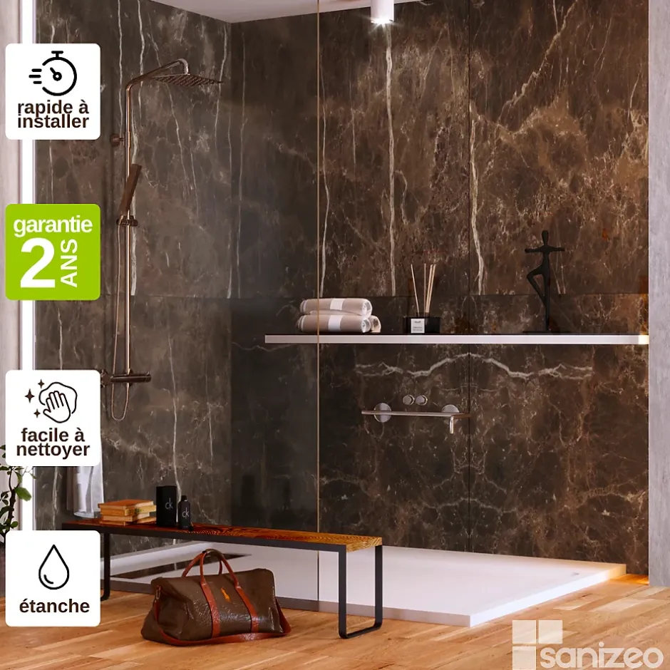 Kit de 2 Panneaux d'Habillage Décoratif Mural Douche, L120xl120x0.4 cm, finition marbre marron, Emperador KOBERTIN-Kobert-in Discount