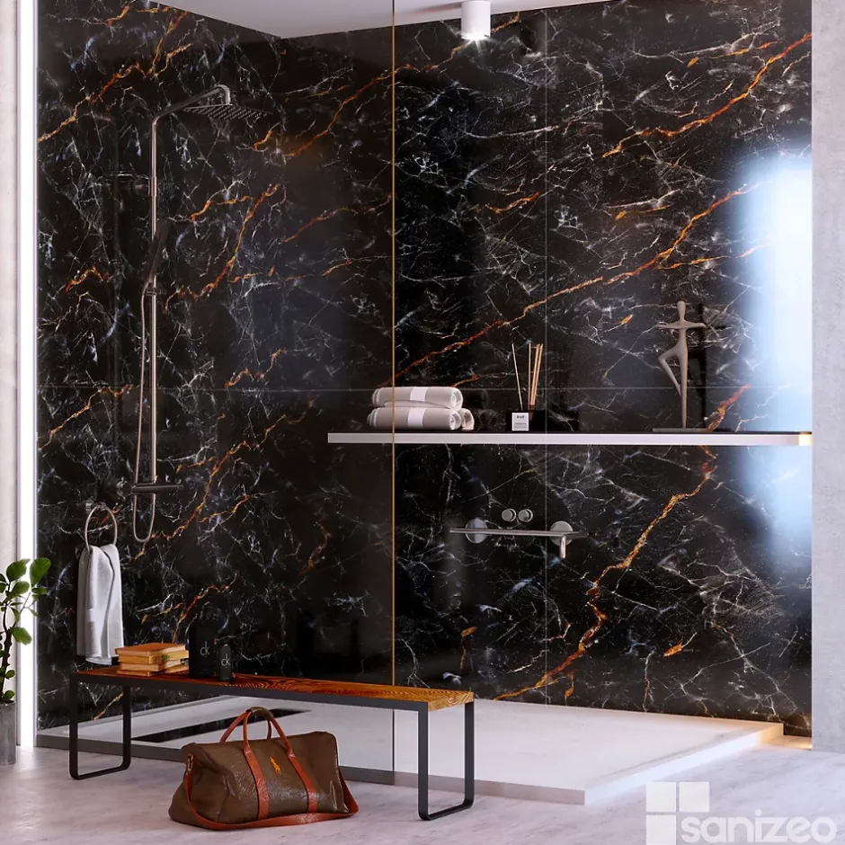 Kobert-in Kit de 2 Panneaux d'Habillage Décoratif Mural Douche, L120xl120x0.4 cm, finition marbre gris, Promise KOBERTIN