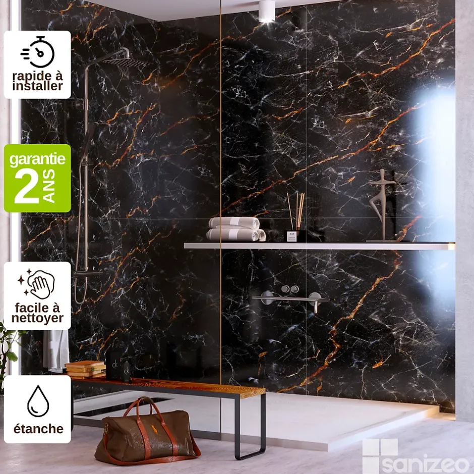 Kobert-in Kit de 2 Panneaux d'Habillage Décoratif Mural Douche, L120xl120x0.4 cm, finition marbre gris, Promise KOBERTIN