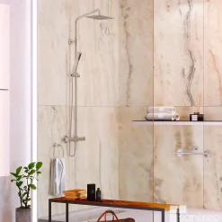 Kobert-in Kit de 2 Panneaux d'Habillage Décoratif Mural Douche, L120xl120x0.4 cm, finition marbre beige, Sabana KOBERTIN