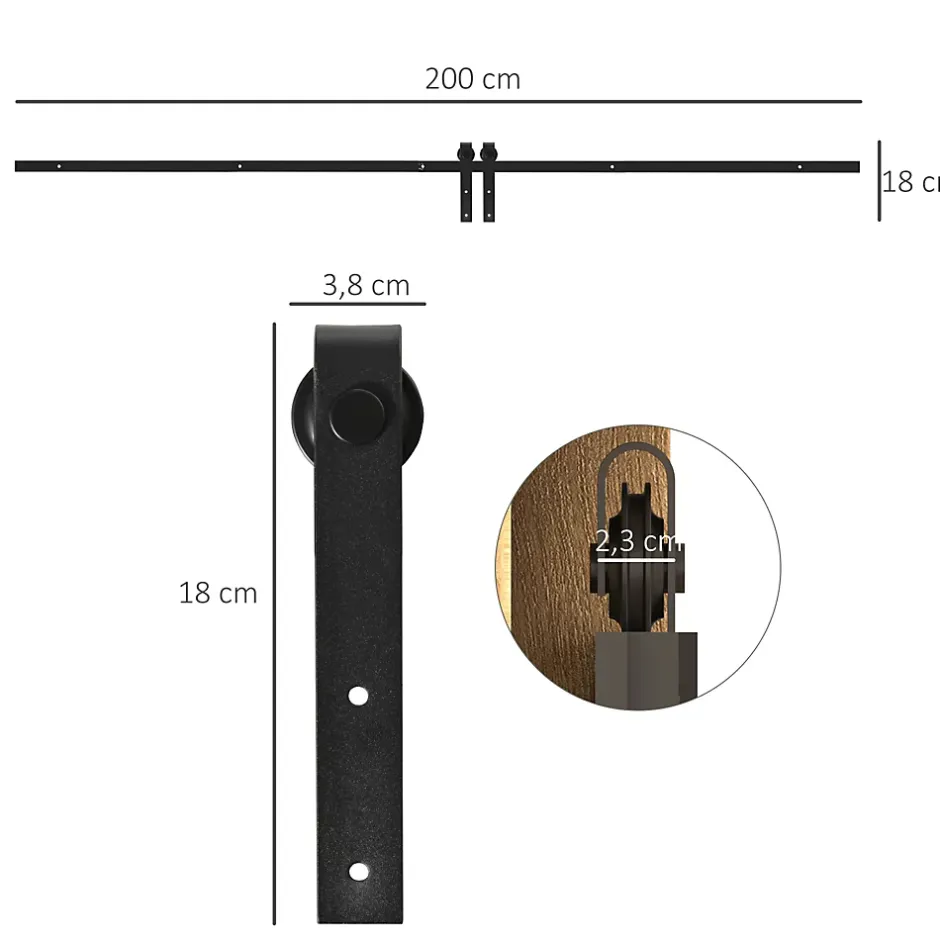 Homcom Kit de porte coulissante compatible porte ép. 35-45/40-45 mm longueur totale rail 2 m charge max. 20 Kg acier au carbone noir