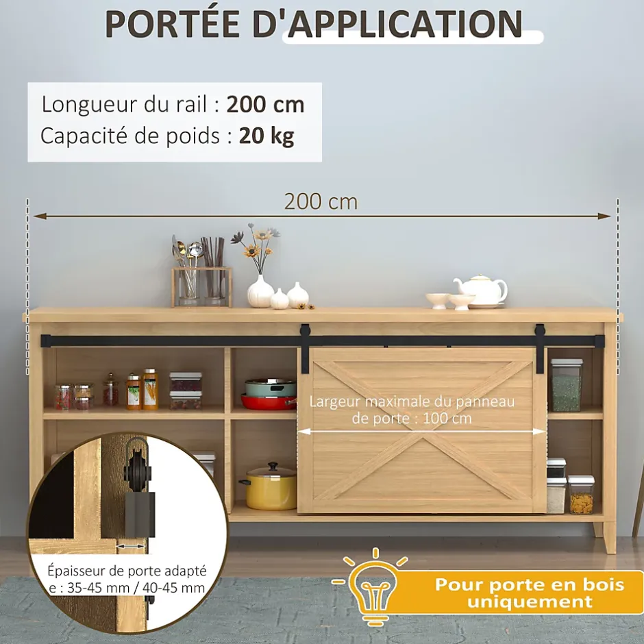 Homcom Kit de porte coulissante compatible porte ép. 35-45/40-45 mm longueur totale rail 2 m charge max. 20 Kg acier au carbone noir