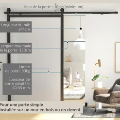 Kit de porte coulissante système galandage pour porte ép. 40-55 mm longueur rail 2,44 m charge max. 90 Kg acier au carbone noir-HOMCOM