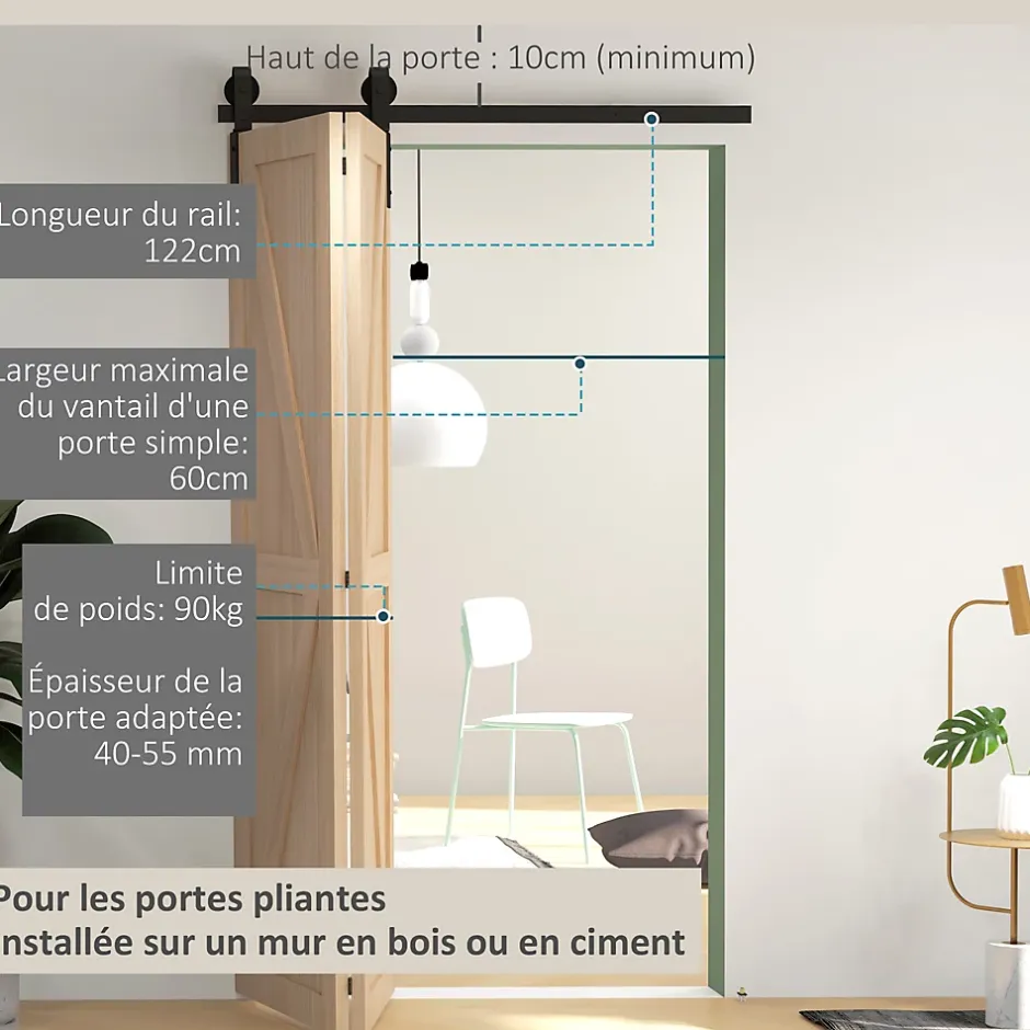 Homcom Kit de porte coulissante compatibilité porte épaisseur 40-55 mm longueur rail 1,22 m charge max. 90 Kg acier au carbone noir