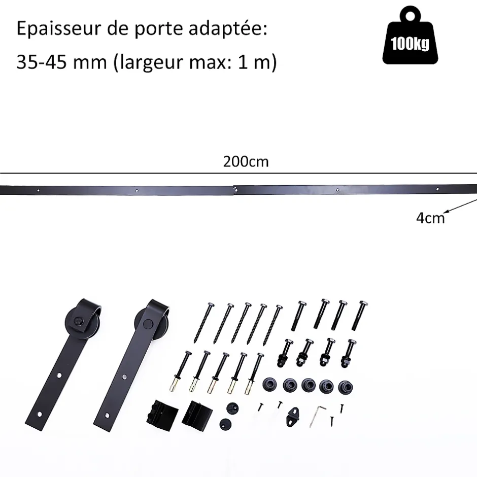 Kit de porte coulissante compatibilité porte d'une épaisseur de 35-45 mm et largeur max. 1 m charge max. 100 Kg acier brun foncé-Homcom Discount