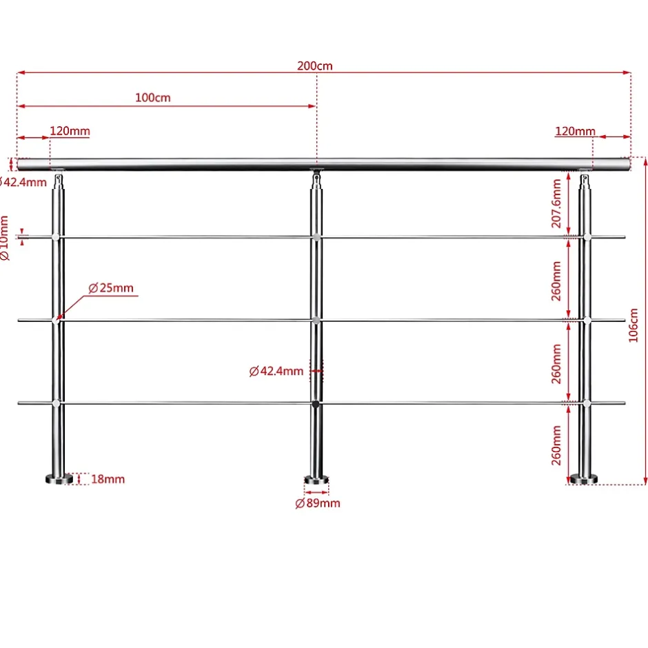 Saniland Kit garde corps en acier inoxydable a 3 traverses Longueur 200 cm Balustrade a fixation a plat pour terrasse ou escalier