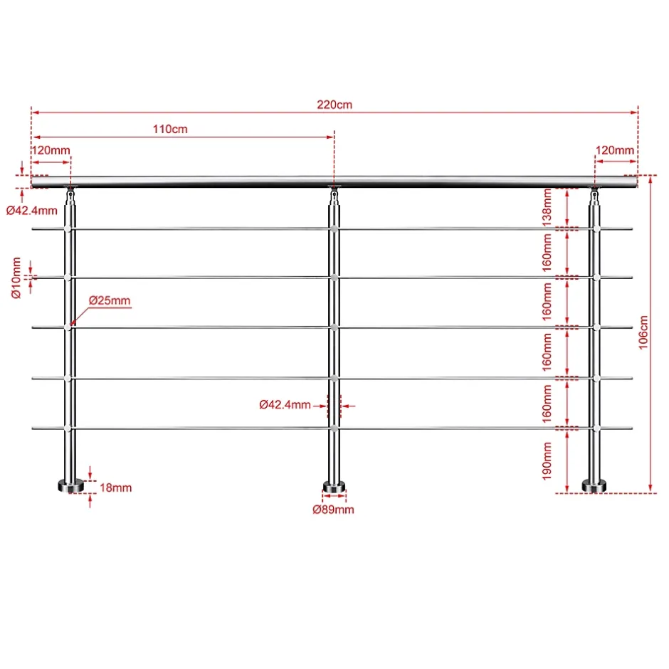 AICA Sanitaire Kit garde-corps 5 barres rondes 2.2m Acier Inox 201 Argent - Installation verticale - Usage intérieur et extérieur