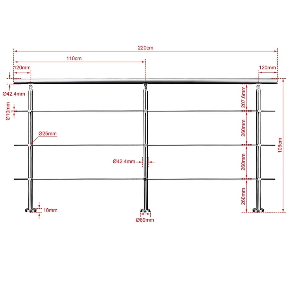Kit garde-corps 3 barres rondes 2.2 m Acier Inox 201 Argent - Installation verticale - Usage intérieur et extérieur-AICA Sanitaire Discount