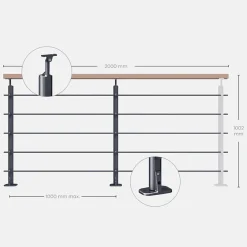 Kit garde-corps anthracite avec main courante hêtre 2m pose à plat, Opalu-Kordo Hot