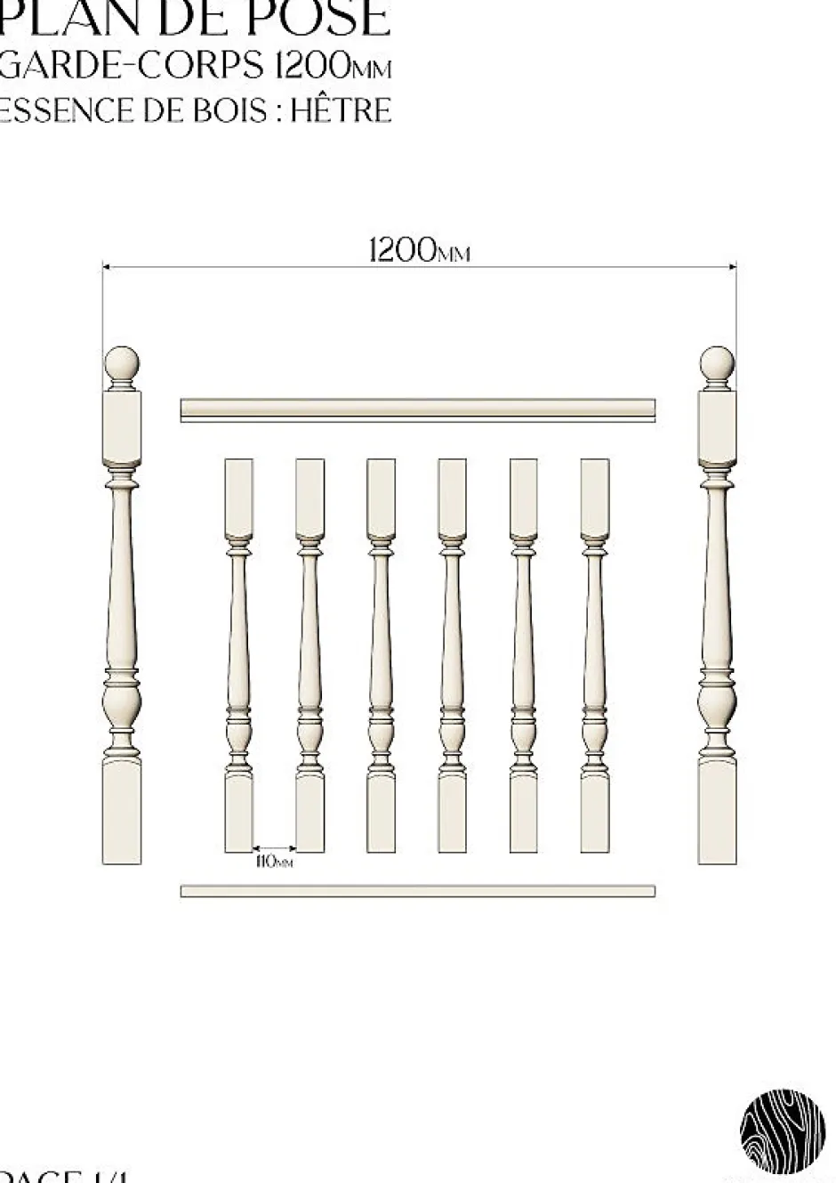 Decoparisienne Kit garde-corps bois massif tourné - Longueur 1200mm