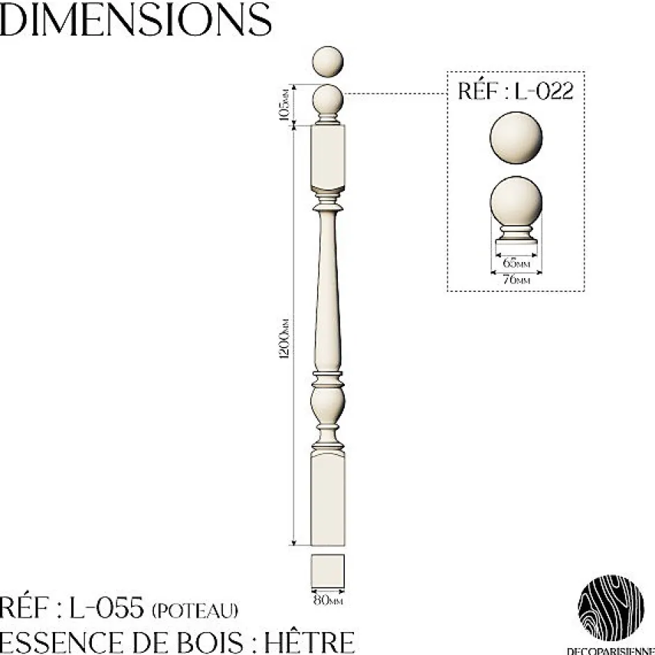 Decoparisienne Kit garde-corps bois massif tourné - Longueur 1200mm