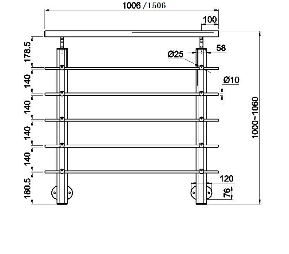 AICA Sanitaire Kit Garde-corps 1.5m alu argent avec 5 traverses et main courante - Pose suspendue et latérale - Intérieur et extérieur