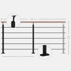 Kordo Kit garde-corps noir avec main courante hêtre 2m pose à plat, Opalu