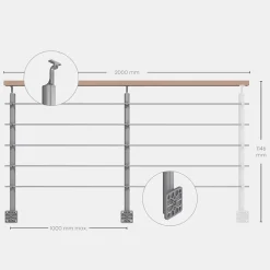 Kordo Kit garde-corps silver avec main courante hêtre 2m pose en applique, Opalu
