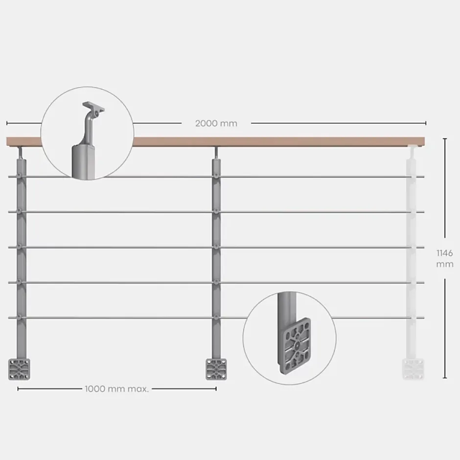 Kordo Kit garde-corps silver avec main courante hêtre 2m pose en applique, Opalu