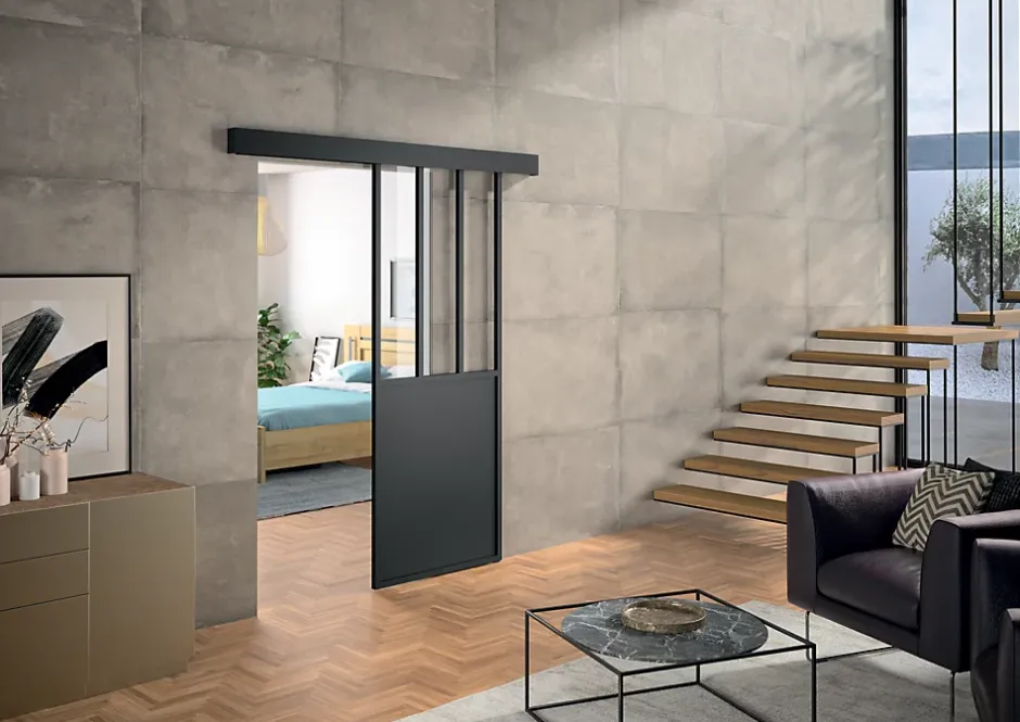 Kit porte 730 atelier noir verre clair avec rail bandeau decor assorti-Optimum Outlet