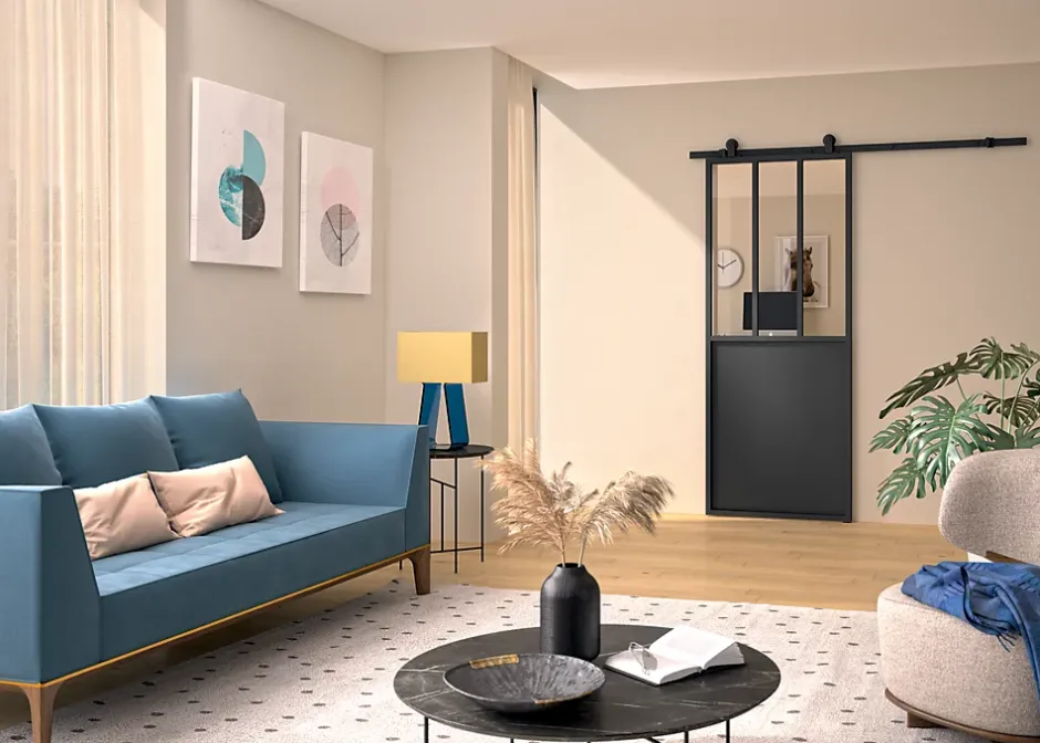 Kit porte coulissante 730 cadre en aluminium noir et rail noir H 204 x 73 x 4cm-Optimum Best